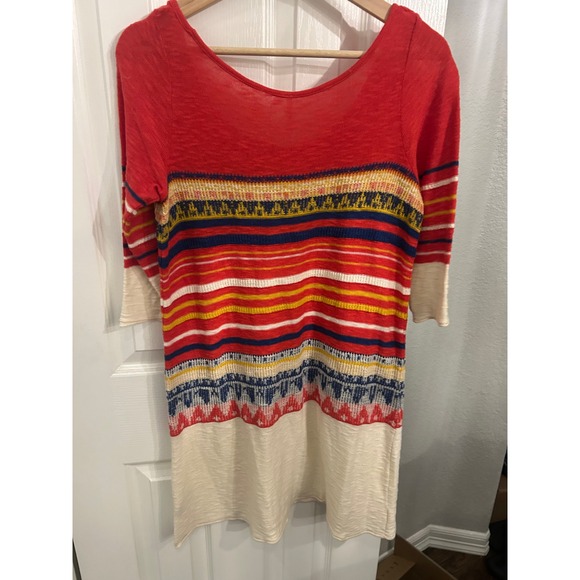 Free People Red Multi Color Striped Boho Knit Mini Dress Tunic XS - Picture 7 of 8